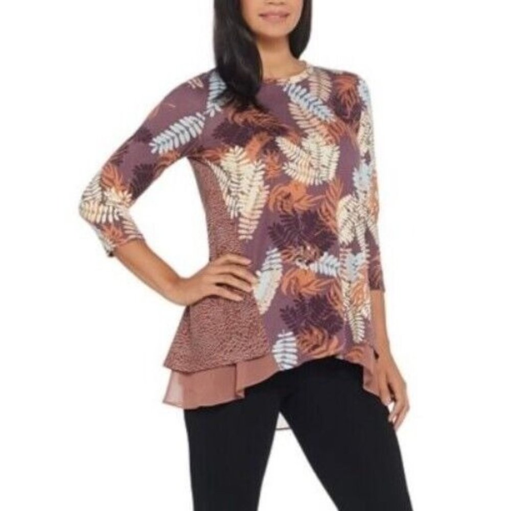 Logo Lori Goldstein Mixed Print Knit Top Size XXS Womens A309806 Chiffon Hem Tee